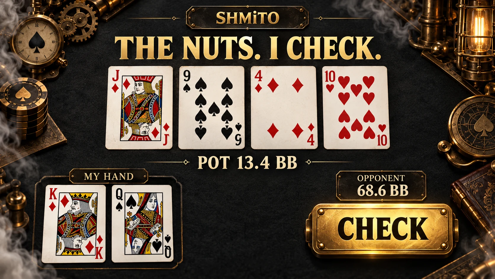 Hand illustration: K♦Q♠ on a J♦9♠4♦T♥ board, the nut straight on the turn